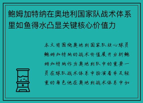 鲍姆加特纳在奥地利国家队战术体系里如鱼得水凸显关键核心价值力 鲍姆加特纳在奥地利国家队战术体系里如鱼得水凸显关键核心价值力